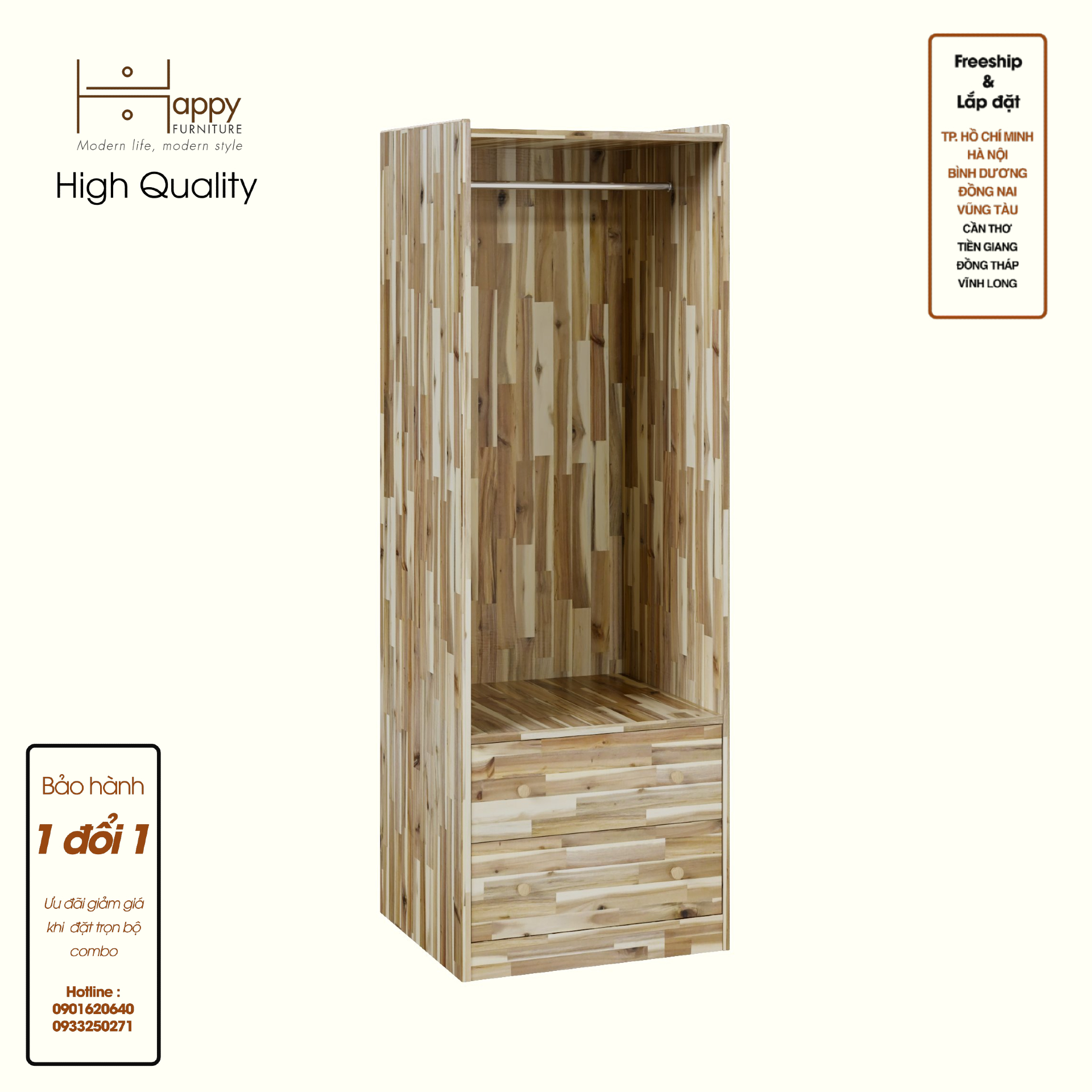 HAPPY FURNITURE , Gỗ tự nhiên , Tủ quần áo 2 ngăn kéo - GAMZE , THK_192 , 60cm x 59cm x 176cm