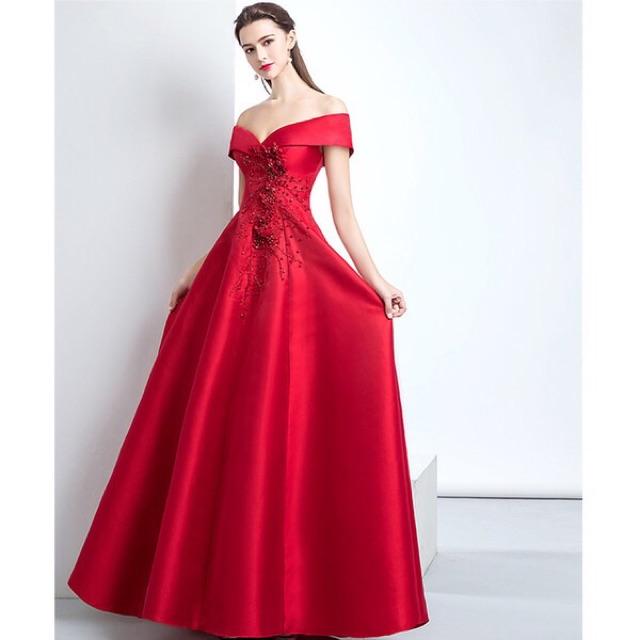 Đầm Maxi dạ hội bẹt vai kết hoa ren nổi và đá SANG TRỌNG - Size ML đến 58kgMM MM