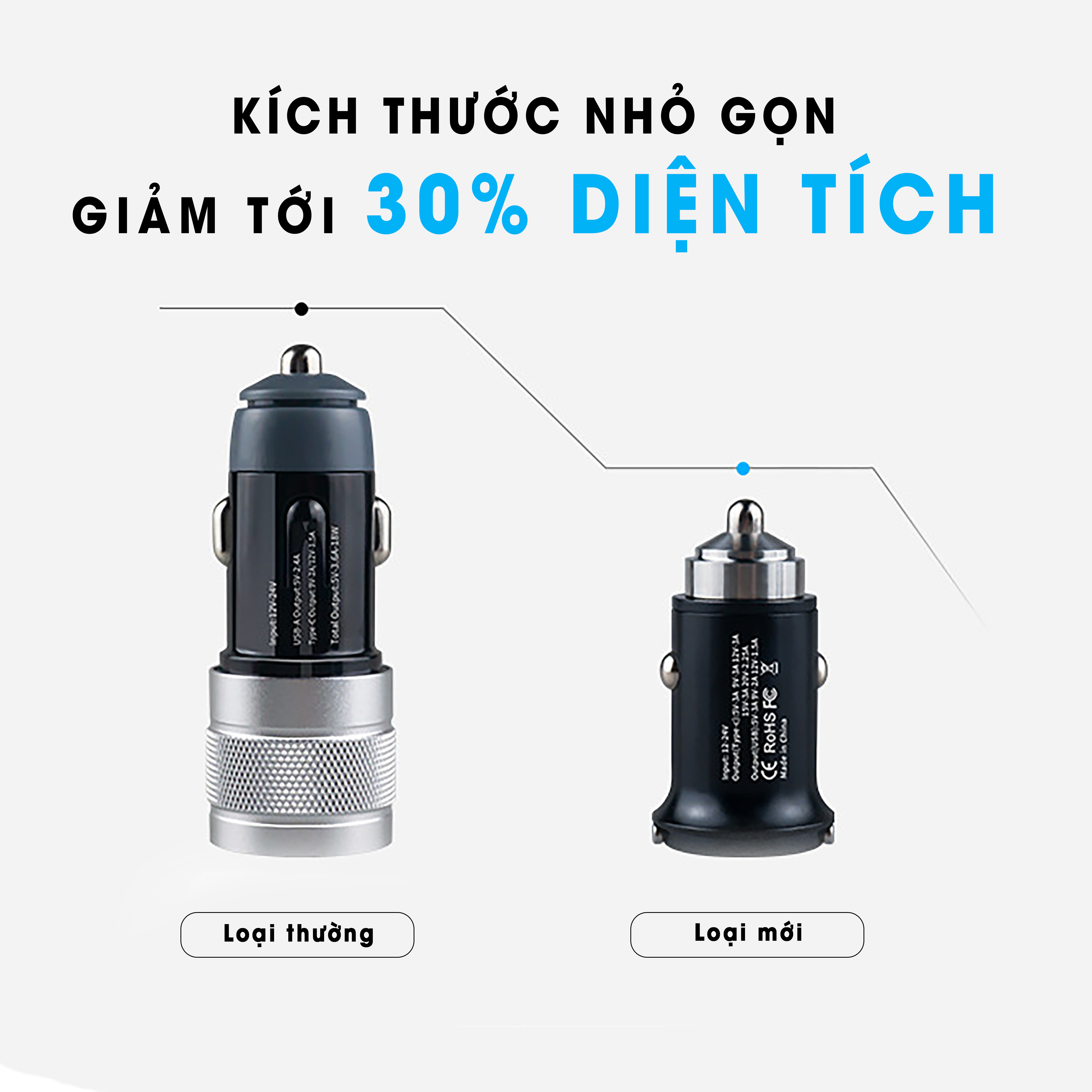 Tẩu Sạc Nhanh Hai Cổng Qc USB 3.0 Và Type C Pd 45W Cho Điện Thoại, máy tính trên xe ô tô điện 12V hoặc xe tải 24V có quai đeo dễ sử dụng