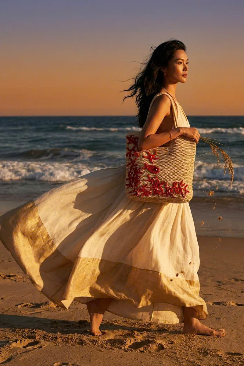 Giỏ Cói Tote Mềm Trang Trí Móc Len thời trang thiết kế Hity Acc018