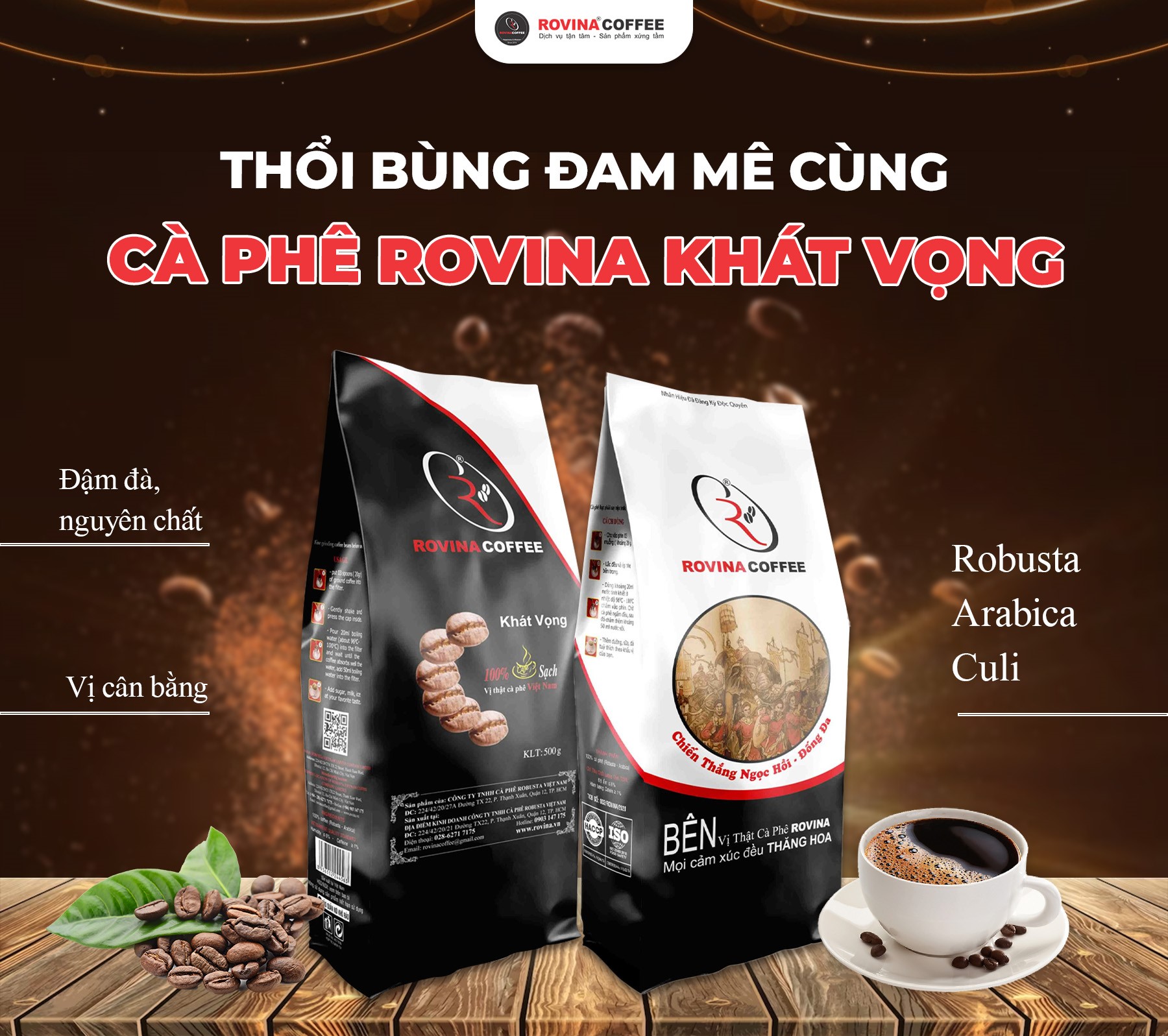 Cà Phê Rovina Khát Vọng -  Pha Máy -  Gói 500gr Nguyên Hạt Với Mùi Vị Đặc Trưng Đúng Vị Thật Của Cà Phê Việt Nam, Vị Đắng Của Robusta, Mùi Thơm Của Arabica