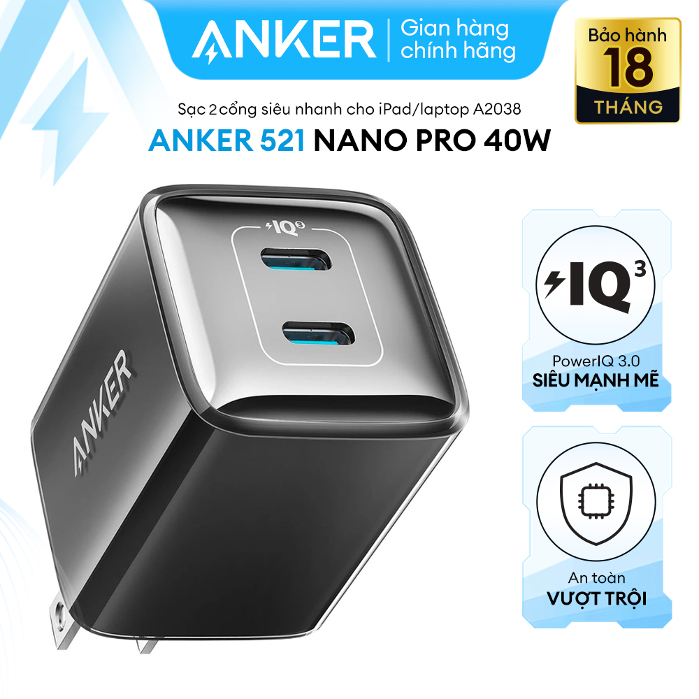 Sạc ANKER 521 Nano Pro 40W 2 Cổng USB-C PiQ 3.0 tương thích PD - A2038