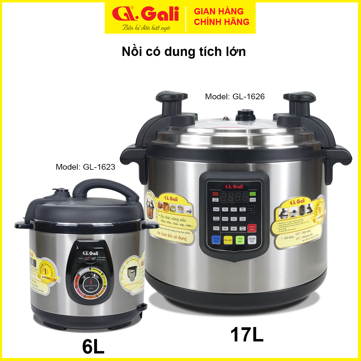 Nồi áp suất Gali GL-1626, dung tích 17lít, Sử dụng hoàn hảo cho các nhà hàng, quán ăn, trường học, hàng chính hãng 100%, bảo hành 24 tháng Gali