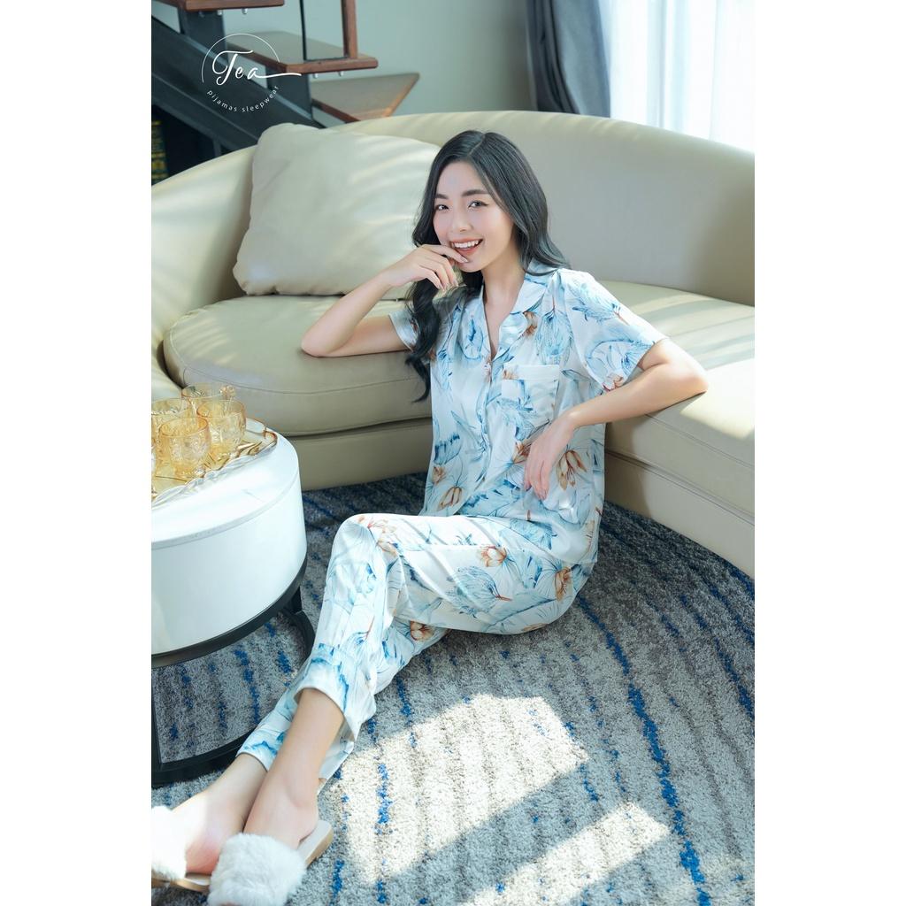Bộ Mặc Nhà Pyjama Lụa Cao Cấp Tea Store Tay Ngắn Quần Dài Họa tiết Hoa nâu lá xanh 2022