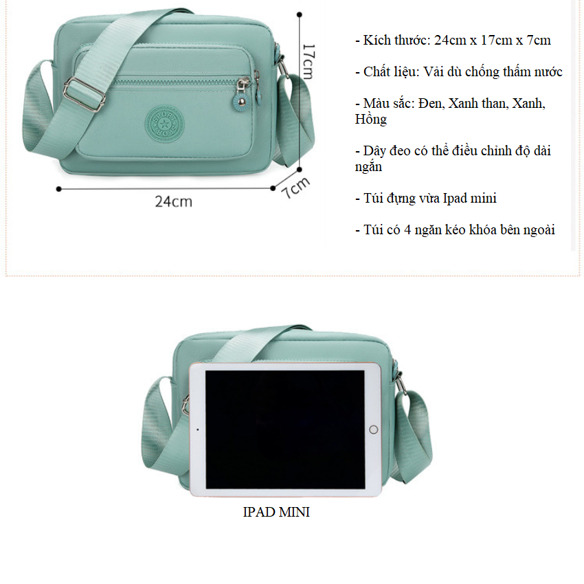 Túi giỏ xách đeo chéo đeo vai nữ size 24cm chất liệu vải dù chống nước chống xước cao cấp với nhiều ngăn tiện dụng TX073