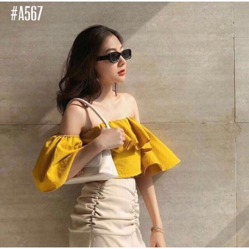 Áo croptop trễ vai bèo tay loe có 2 màu freesize có video thật