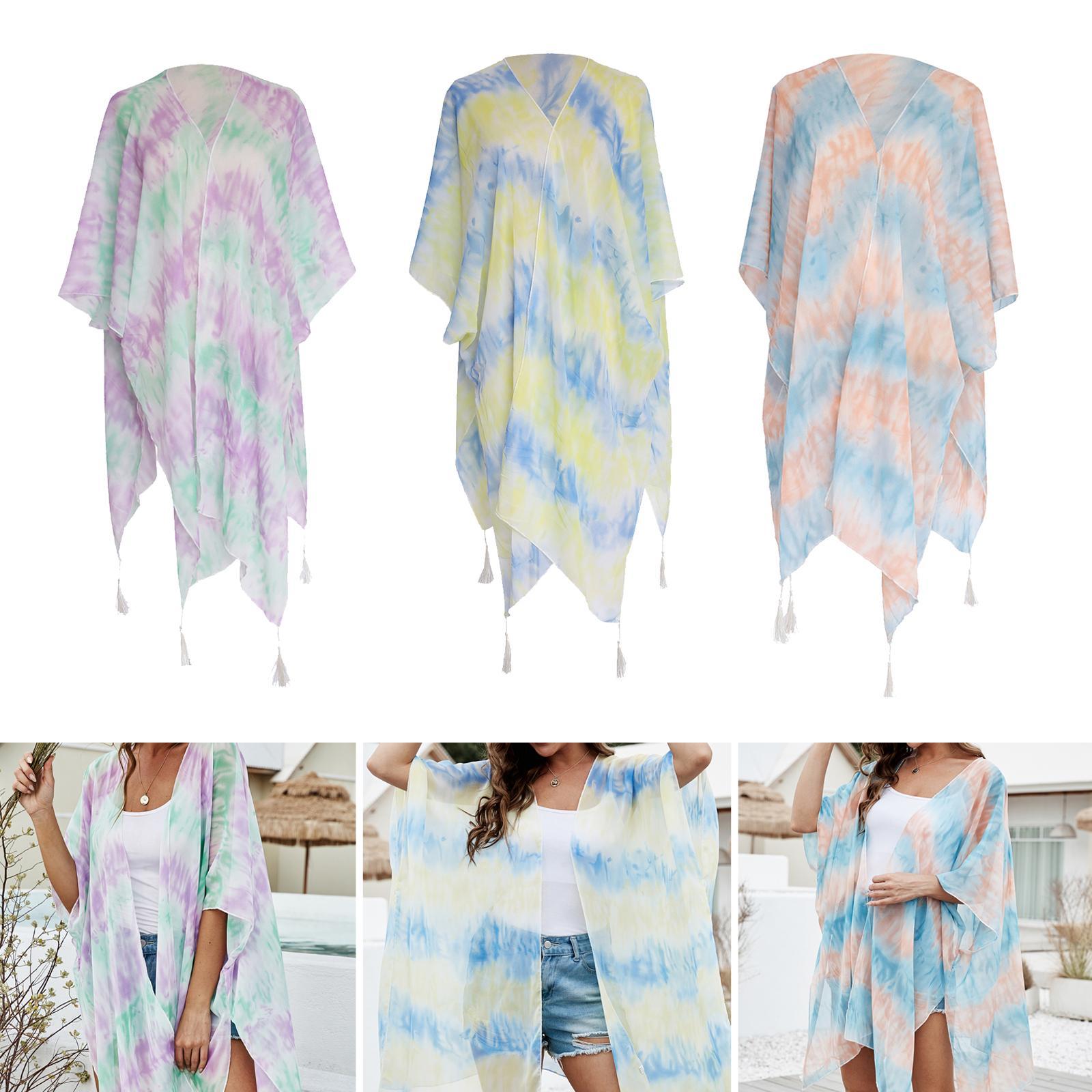 Fashion Women Chiffon Floral Print Loose Shawl Kimono Cardigan Boho Tunic Tops Beach Swinsuit Cover Up Open Front Blouse for Beach Casual Holiday