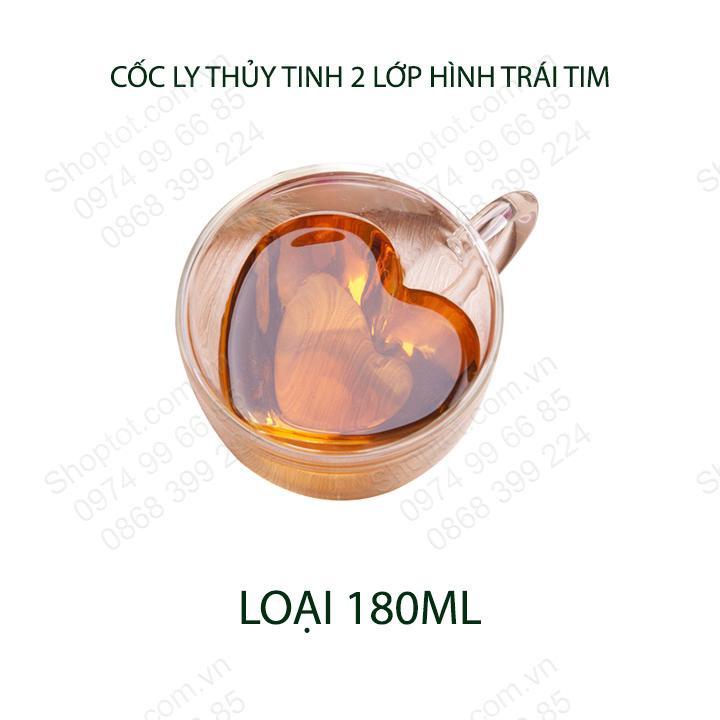 Ly tách thủy tinh 2 lớp hình trái tim, dùng uống cà phê, trà, sữa, loại 180ml-240ml tùy chọn