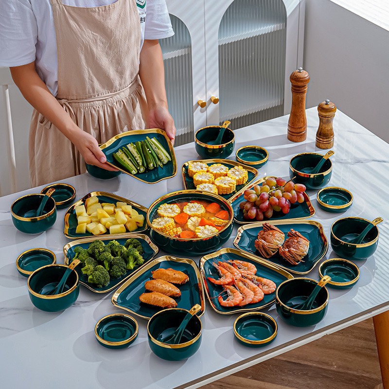Bộ bát đĩa gốm sứ cao cấp bộ bát đĩa hoa mặt trời viền vàng kim sang chảnh