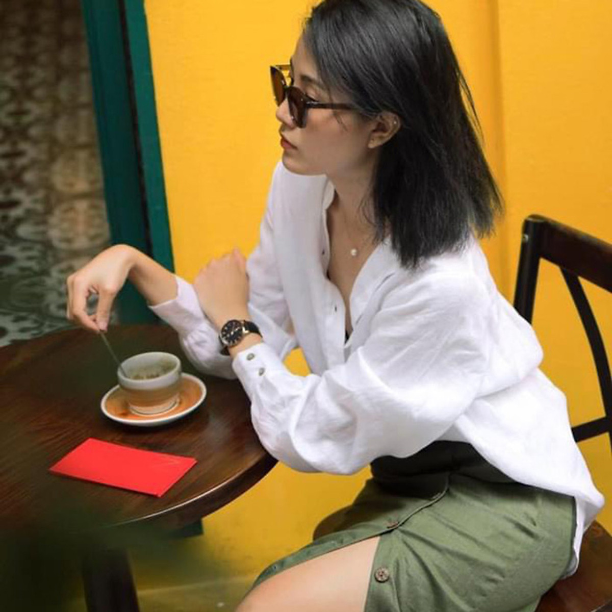 Áo sơ mi công sở nữ dài tay cổ tầu Linen tưng Premium sang trọng trẻ trung - Trắng