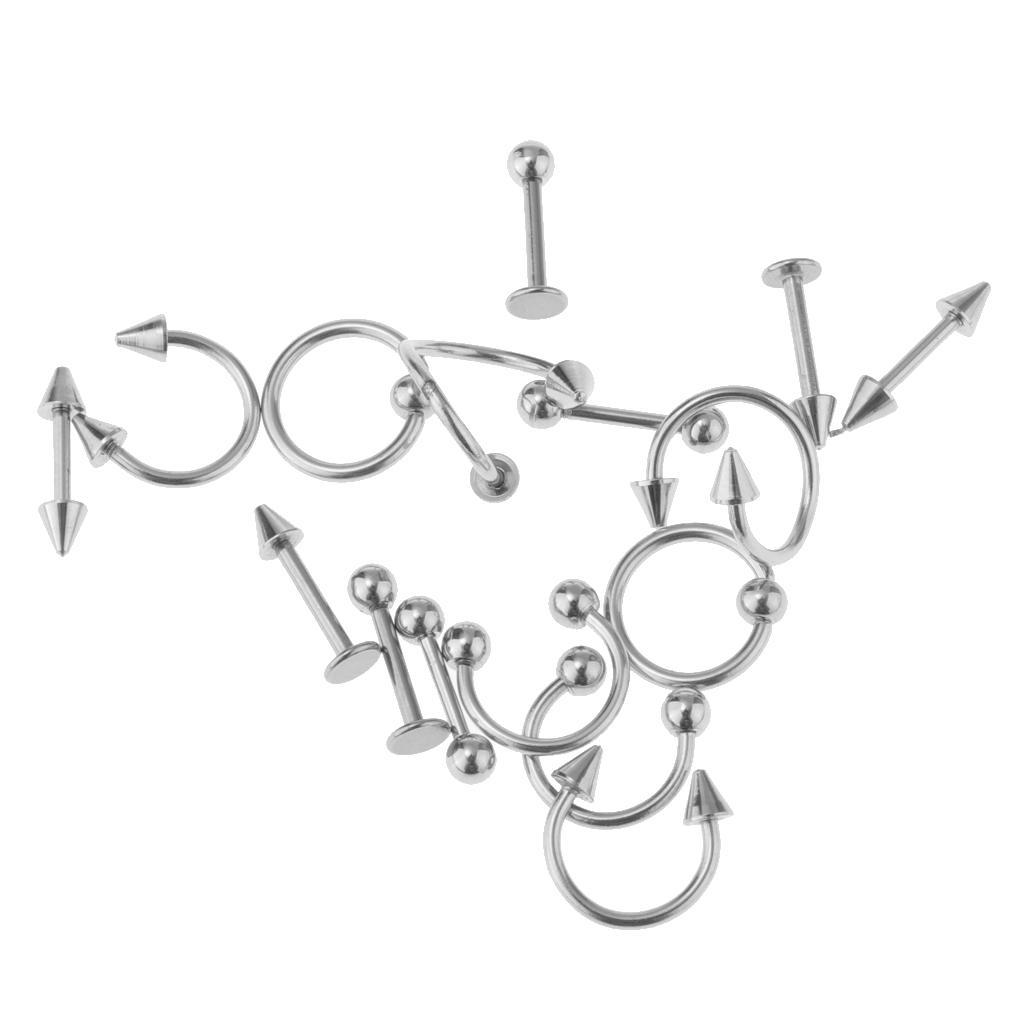 16 Pieces 16g Stainless Steel Assorted Eyebrow Ear Lip Navel