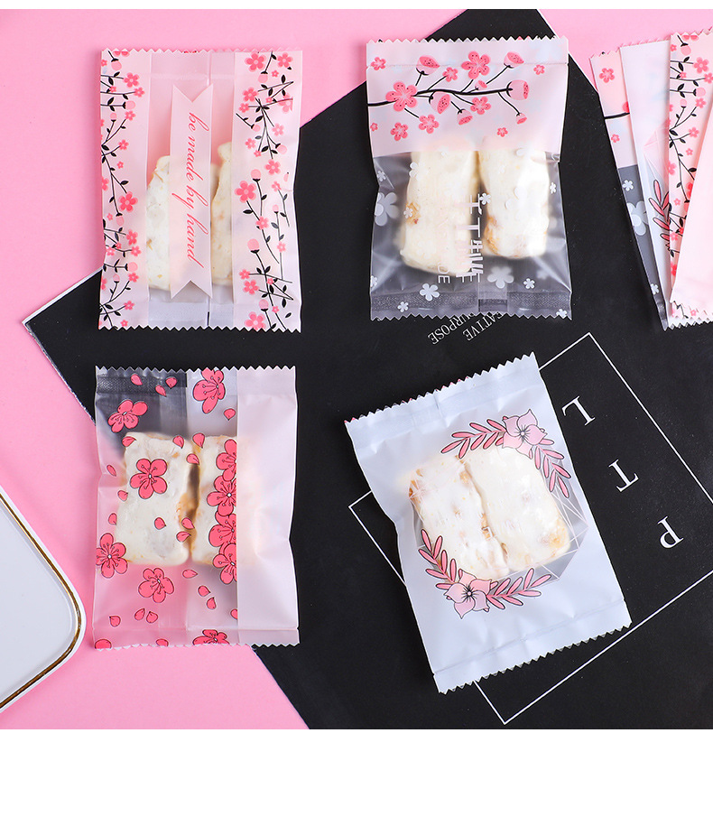 100c Túi đựng bánh Cookie, túi đựng kẹo Nougat, vỏ kẹo Size 7x10 cm Hoa Anh Đào (4 in 1) - túi hàn miệng