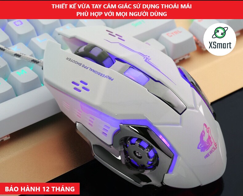 Chuột Game Có Dây XSmart FREE WOLF V5 LED 7 màu cực đẹp chuyên gaming, siêu bền, chỉnh được dpi - Hàng Chính Hãng