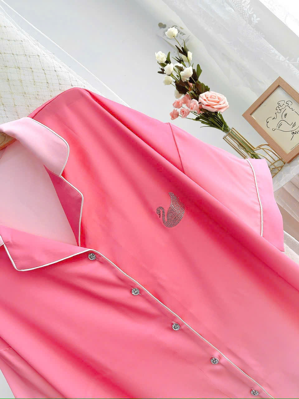 Đầm Sơmi D802 Lụa Quảng Châu Cao Cấp Đính Đá Thiên Nga Xinh Xắn