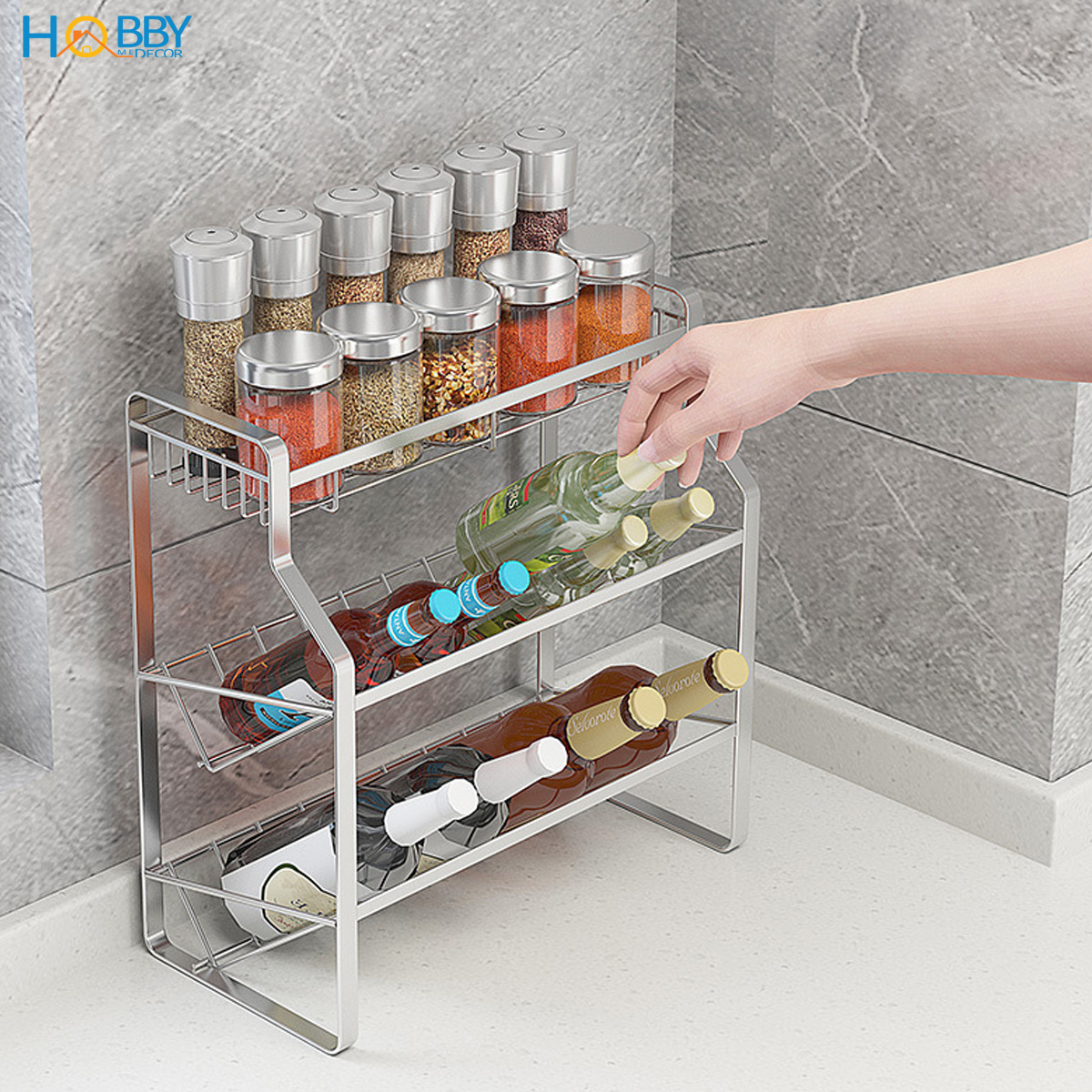 Kệ để gia vị chai lọ nhà bếp 3 tầng inox 304 Hobby home decor GV4