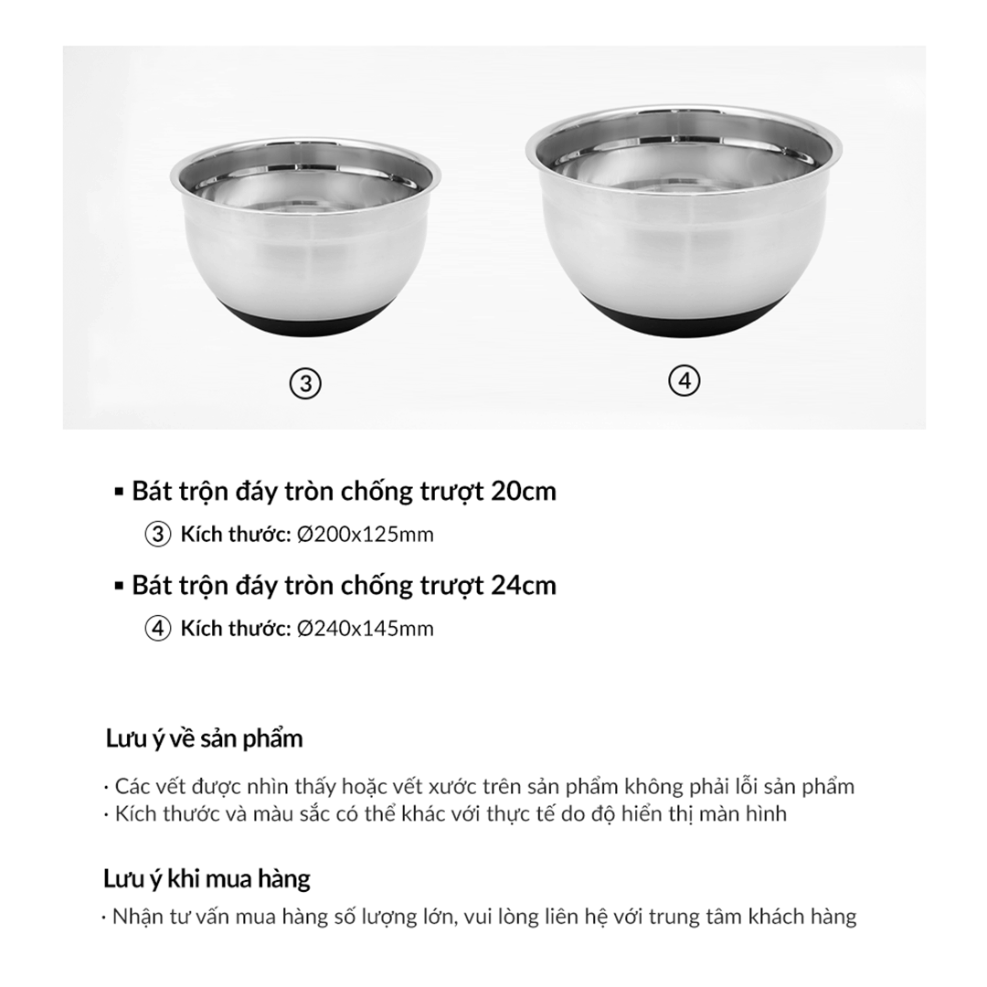 Tô trộn bột Inox đế silicon chống trơn trượt - nhiều size