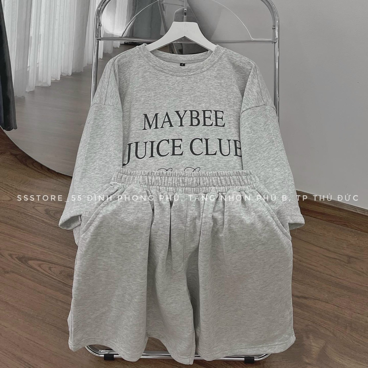 Sét Bộ Thể Thao MAYBEE Phong Cách Unisex Form Rộng Nam / Nữ Chất Thun Cotton Kèm Ảnh Thật, Set Bộ MAYBEE + Short Thun Lửng Form Rộng Unisex Màu Xám Trắng, Bộ đùi Maybee