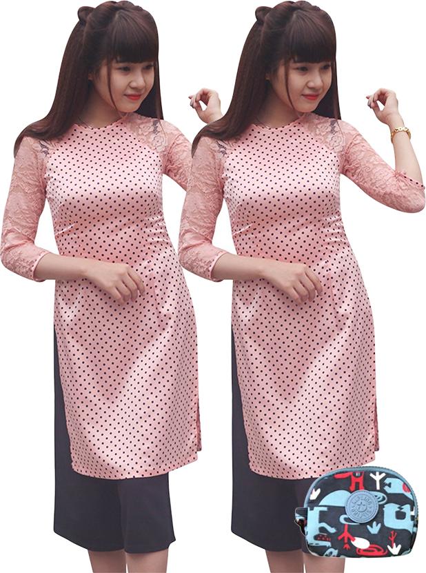 Combo 2 Áo Dài Lụa Chấm Bi FATRALY - Hồng + Ví Cầm Tay