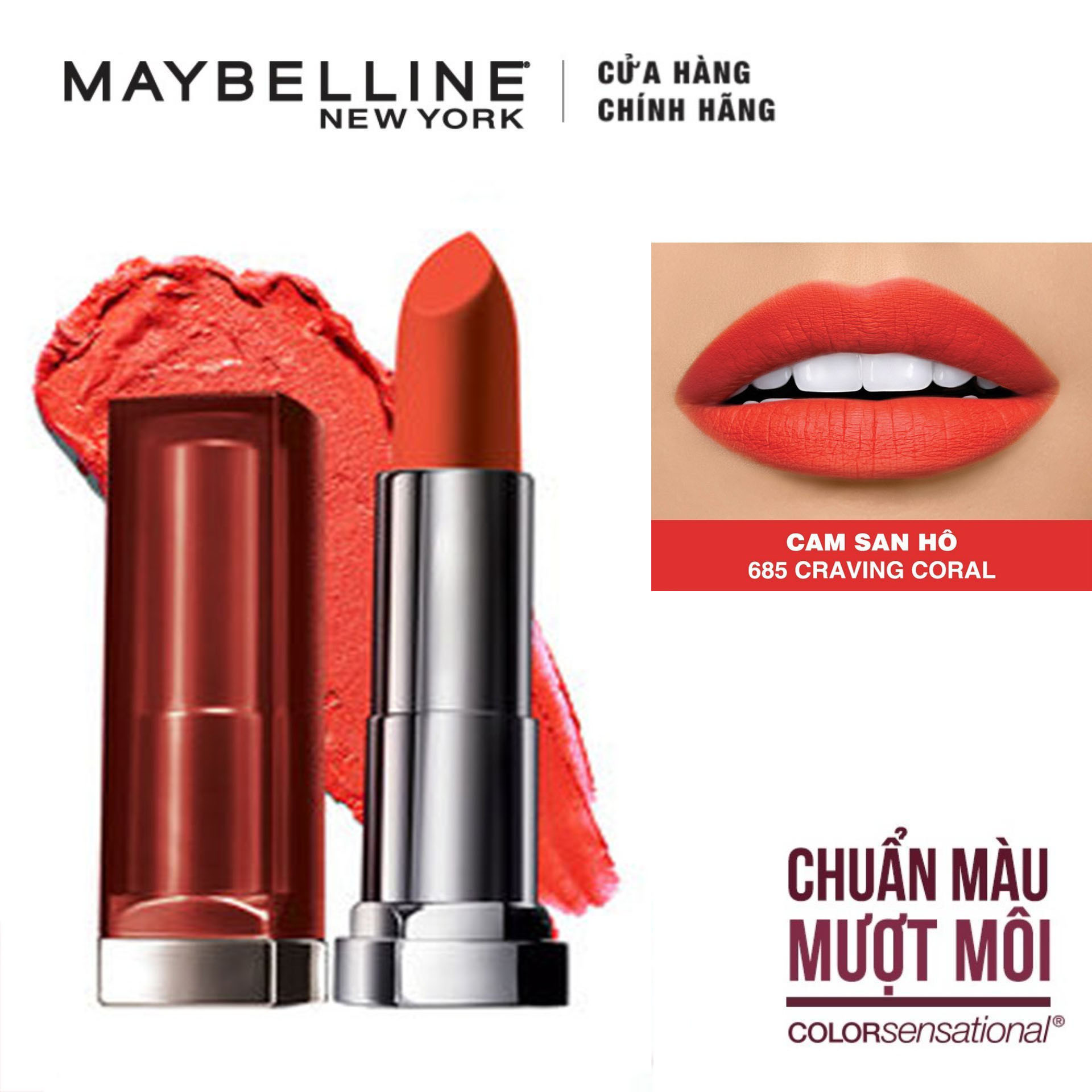 Son Lì Siêu Nhẹ Môi Maybelline New York Color Sensational Creamy Mattes 4.2g - Màu 685 Cam San Hô Craving Coral