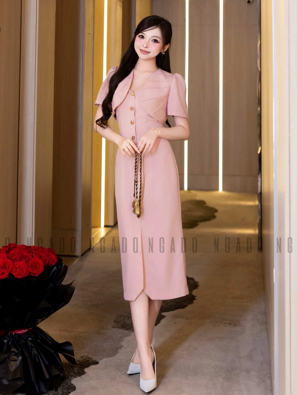 Đầm hồng xẻ vạt NGADO , đầm dự tiệc , đầm bút chì dáng dài