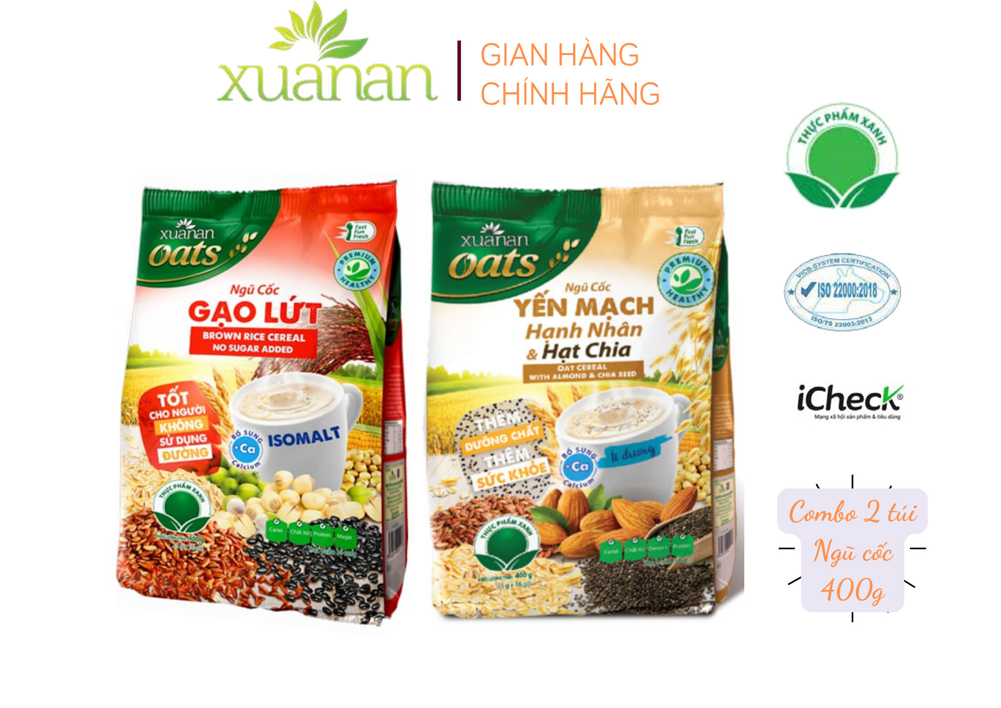 Combo N.Cốc Yến Mạch Hạnh Nhân Hạt Chia ít đường 400G + N.Cốc Gạo Lứt No Sugar400G