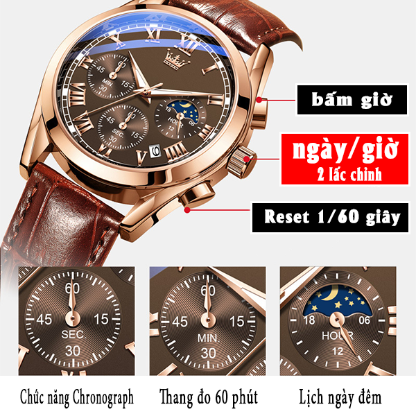 Đồng Hồ Nam Phiên Bản Mới Men Sport Chronograph Phong Cách Châu Âu /Lịch Trăng Sao/Chạy Đủ 6 Kim/Bấm Giờ/Hàng Chính Hãng