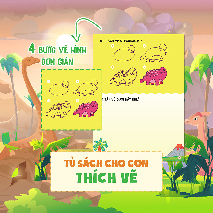 DINO tập vẽ - 4 bước vẽ đơn giản Khủng Long