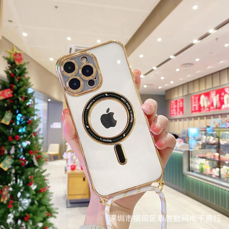 Ưu đãi đặc biệt đơn giản và trong suốt cho iPhone13/14promax mạ điện hút từ tính dây buộc chéo Apple 12 vỏ điện thoại di động thủy triều