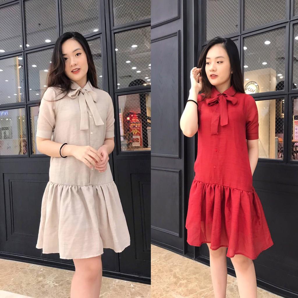 Váy suông đuôi cá nơ cổ vải Tơ