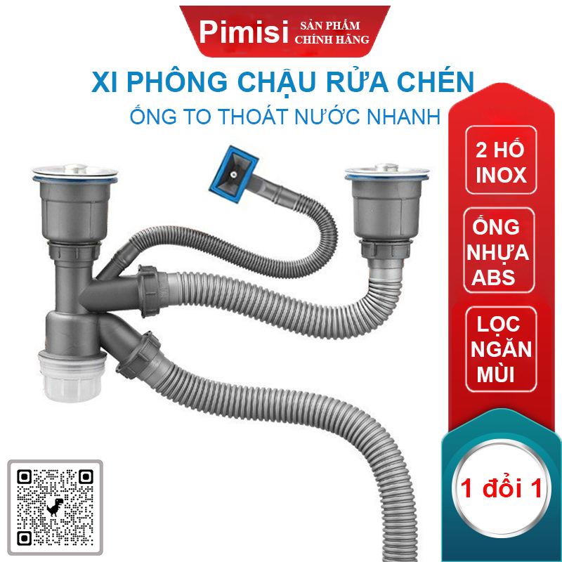 ﻿Xi Phông Chậu Rửa Chén Bát 2 Hốc Phi 110 Pimisi Cao Cấp Đầu Bầu Inox 304 - Dùng Để Xả Thải Nước Chậu Rửa Bát Đôi Dập Đúc Loại Ống Thải Nước To Bằng Nhựa Chun Uốn, Bầu Chống Mùi Hôi Và Giảm Dầu Mỡ Xuống Ống Dẫn - Có Đầu Thoát Tràn | Hàng Chính Hãng