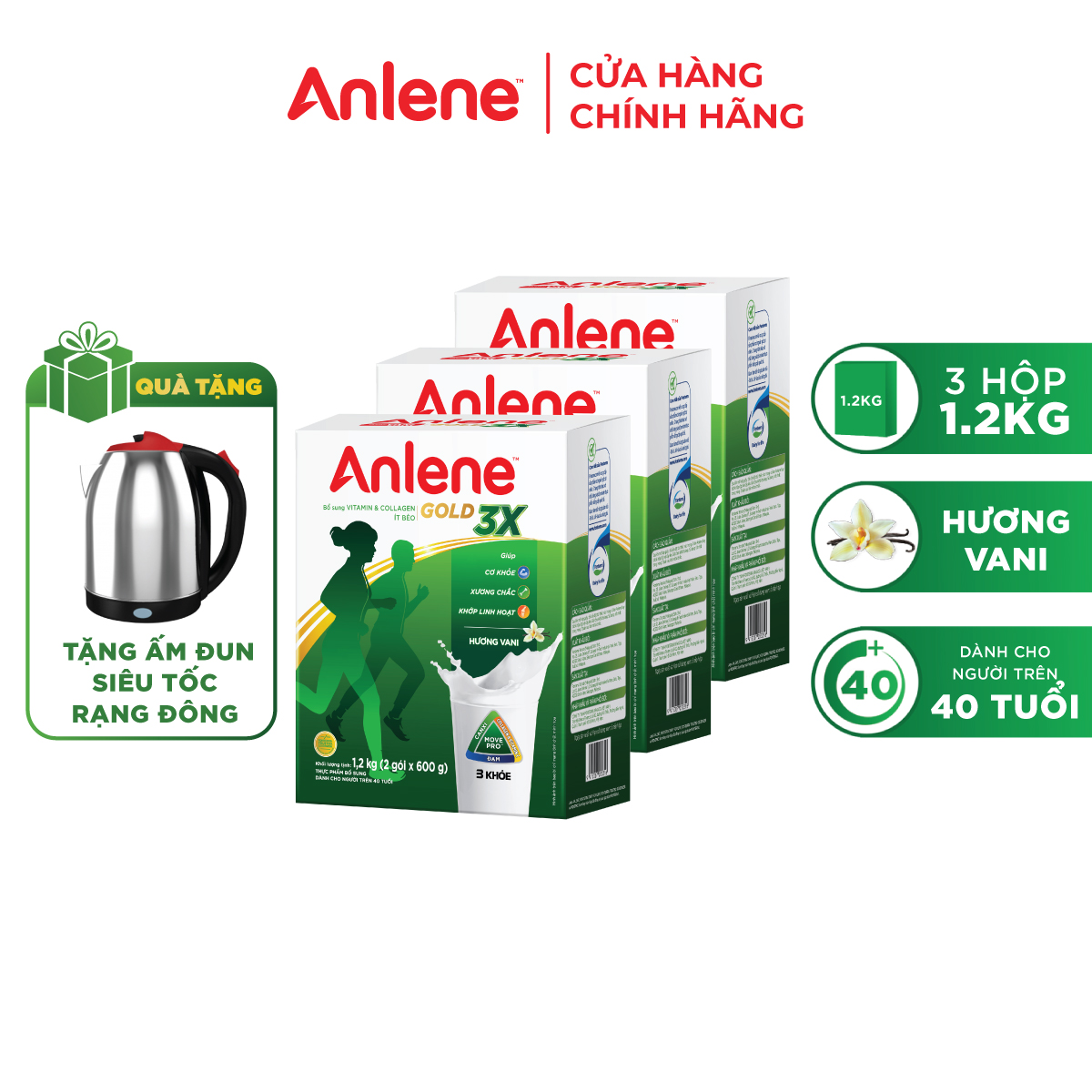 Combo 3 Sữa Bột Anlene Gold 3X Hương Vanilla (Hộp giấy 1200g) - Tặng Ấm Đun Siêu Tốc Rạng Đông