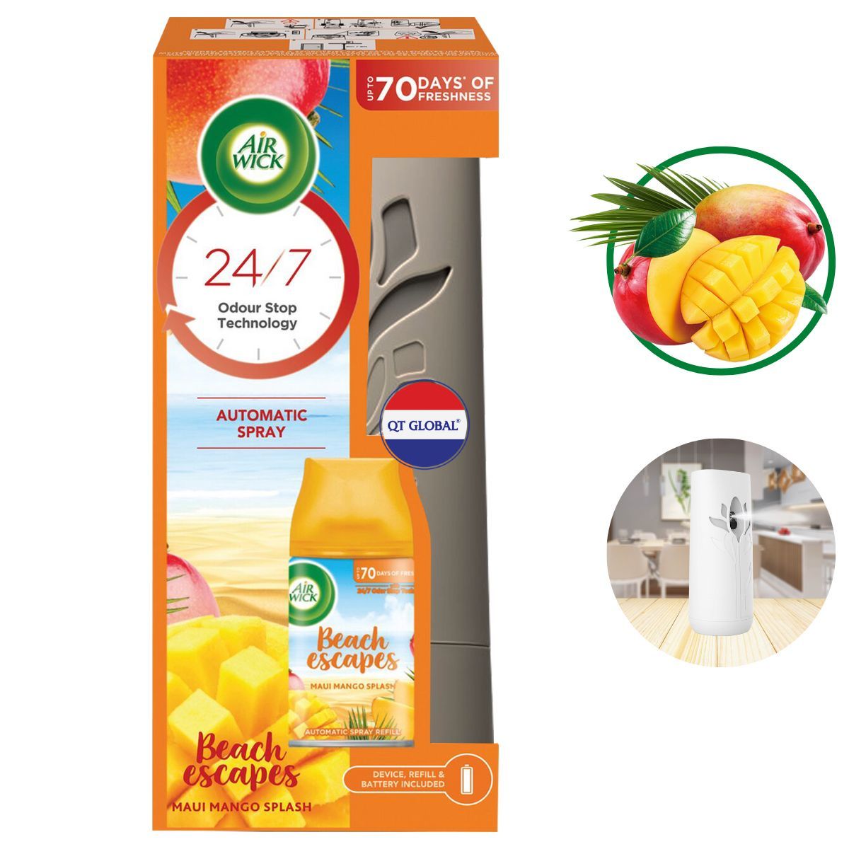 Bộ xịt thơm phòng tự động Air Wick Maui Mango Splash 250ml QT0067 - Xoài Hawaii, gió biển