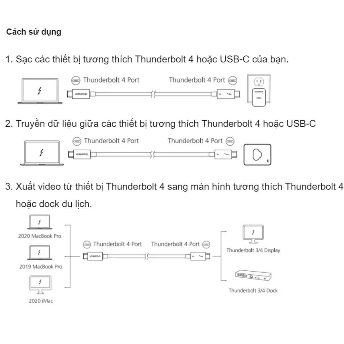 Cáp sạc nhanh 100w Choetech A3010 Type C to Type C Thunderbolt 4 (Hàng chính hãng)