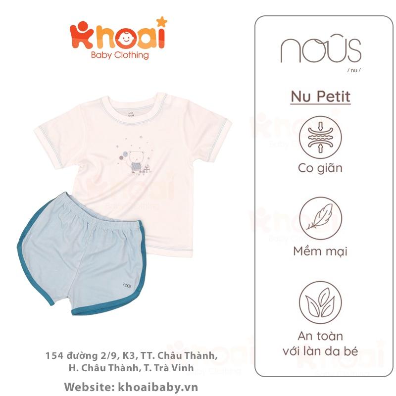 Bộ cài vai cộc Nous xanh trắng hình gấu - Chất liệu Nu Petit 95% cotton thiên nhiên