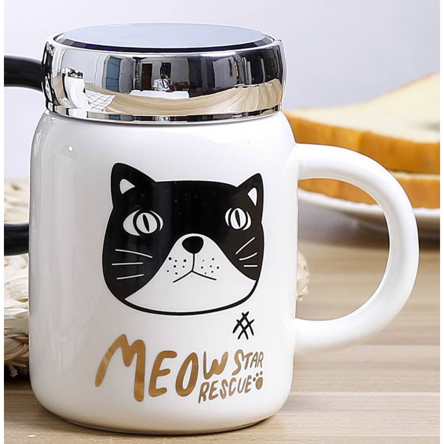 Ly cốc sứ giữ nhiệt Meow star rescue nắp tráng gương trắng đầu mèo đen 500ml