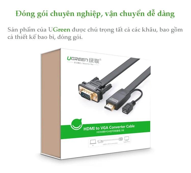 Ugreen UG40232MM101TK 3M màu Đen Cáp chuyển đỗi HDMI sang VGA kèm cổng trợ nguồn Micro USB - HÀNG CHÍNH HÃNG