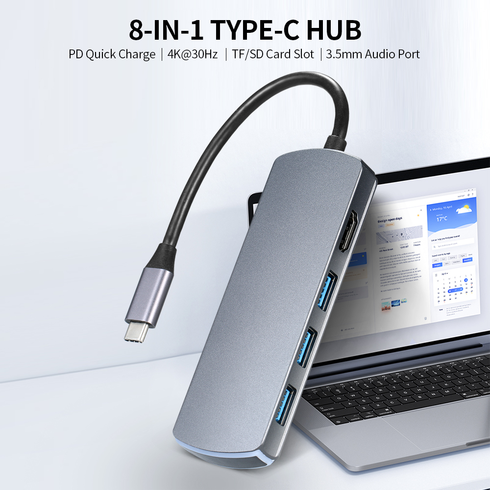 Bộ chuyển đổi Type-C 8 trong 1 Hub Type-C sang HD 4K@30Hz/USB3.0/87W PD Quick Charge / Đầu đọc thẻ TF & SD / Chức năng OTG / Âm thanh 3,5 mm