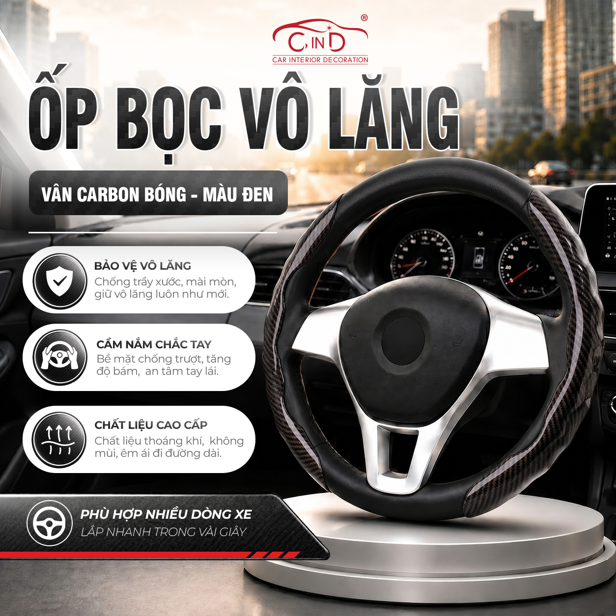 Ốp Bọc Vô Lăng CIND Carbon Bóng Thể Thao Mỏng Nhẹ Chống Trượt Phù Hợp Nhiều Dòng Xe
