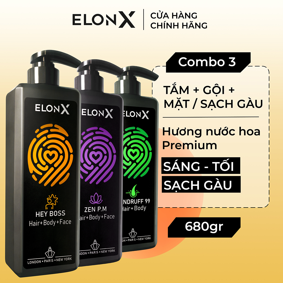 Combo 3 dầu gội ElonX dầu gội 3 in 1 nam dầu gội hương nước hoa (bộ dầu gội nam 3 chai 680gr) (sáng tối sạch gàu)