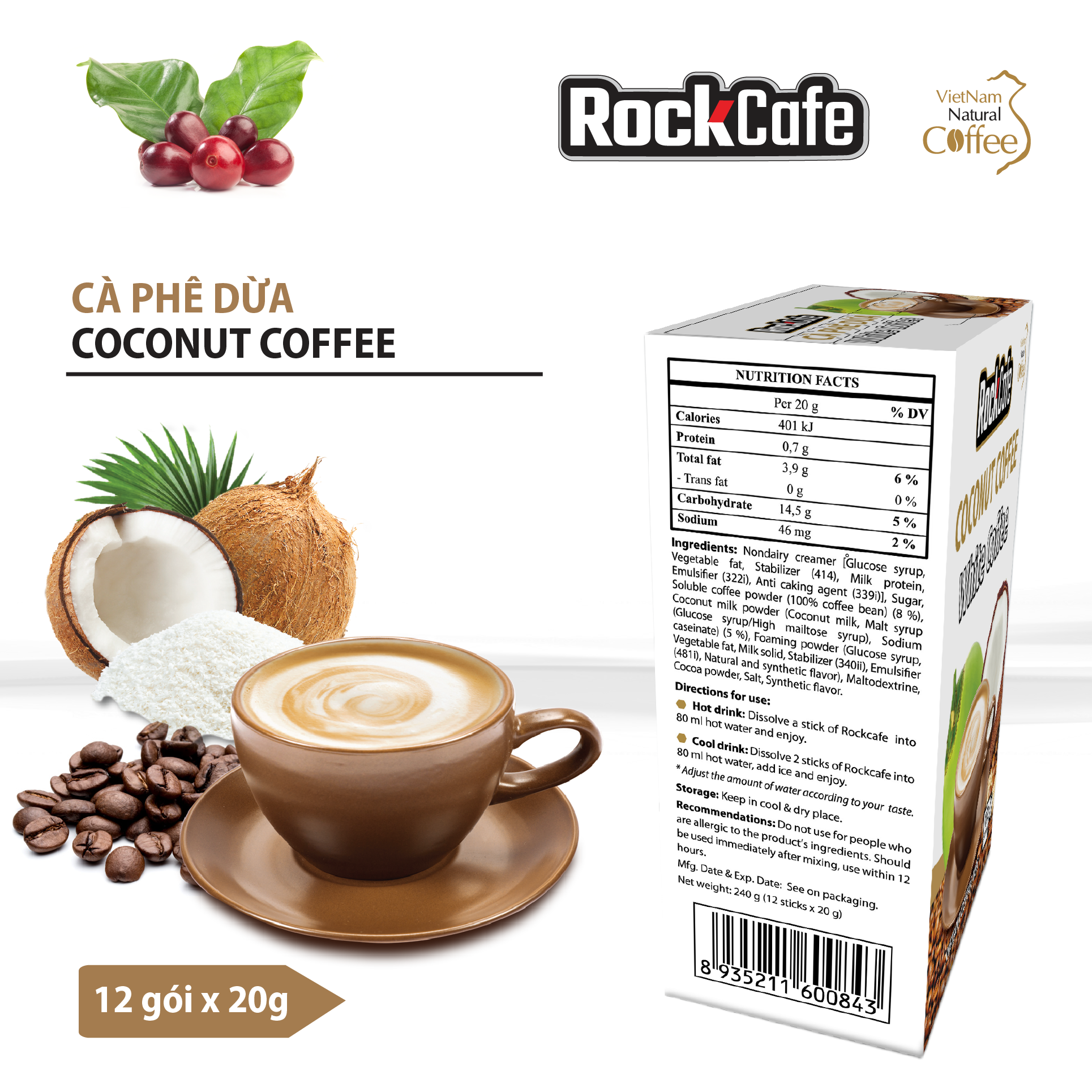 Cà phê dừa ROCKCAFE (Hộp 12 gói)