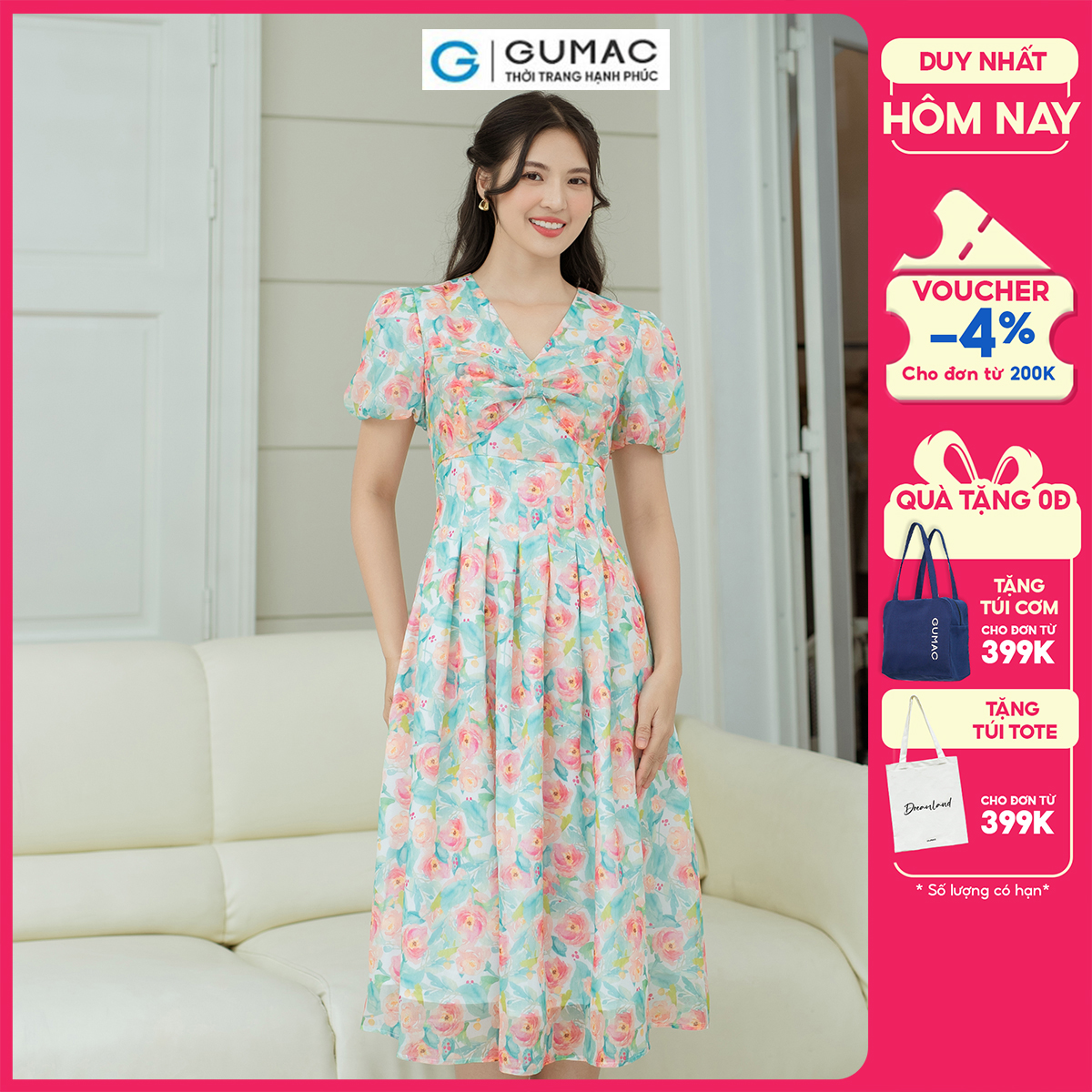 Đầm A chiết ly eo GUMAC DD08059