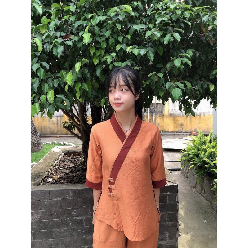 Thời trang nữ, đồ lam đi chùa, áo lam cao cấp nút phối