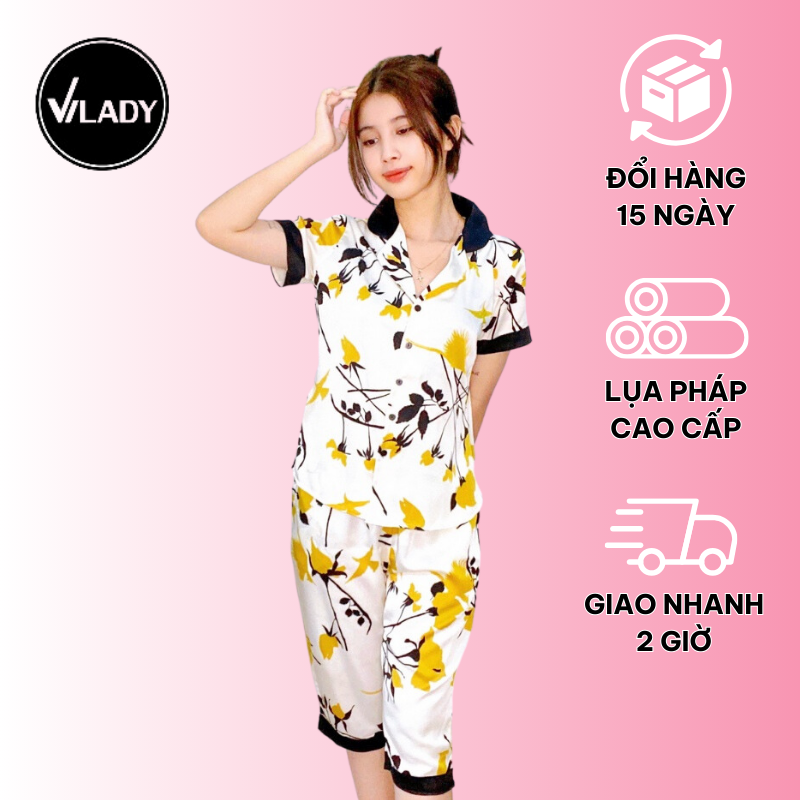 Bộ đồ Pyjama nữ, đồ mặc nhà lụa VILADY - B144 Quần Lửng Tay Cộc Họa Tiết Chim Màu Vàng, chất liệu lụa Pháp (lụa latin)