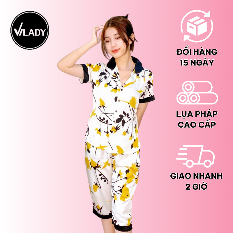 Bộ đồ Pyjama nữ, đồ mặc nhà lụa VILADY - B144 Quần Lửng Tay Cộc Họa Tiết Chim Màu Vàng, chất liệu lụa Pháp