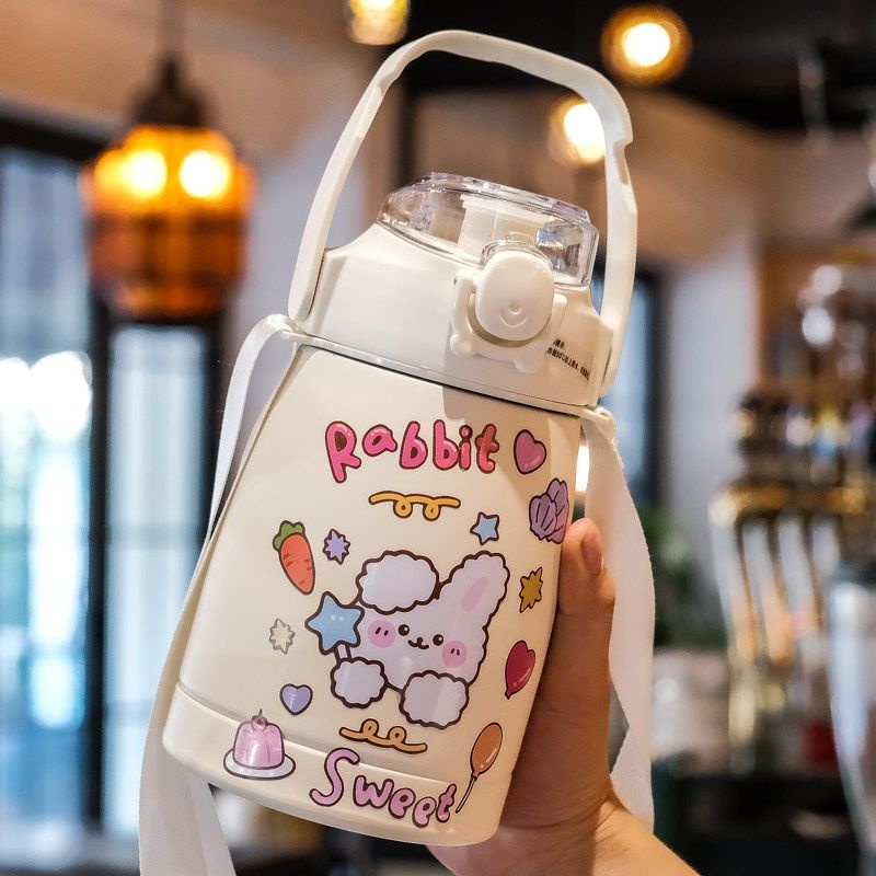 Bình Nước Giữ Nhiệt Cute 800ml Chất Liệu Inox 304 Giữ Nhiệt Không Gỉ Nóng Lạnh 24 Giờ Kèm Ống Hút Và Sticker - Hàng Loại 1 - Chính Hãng MINIIN