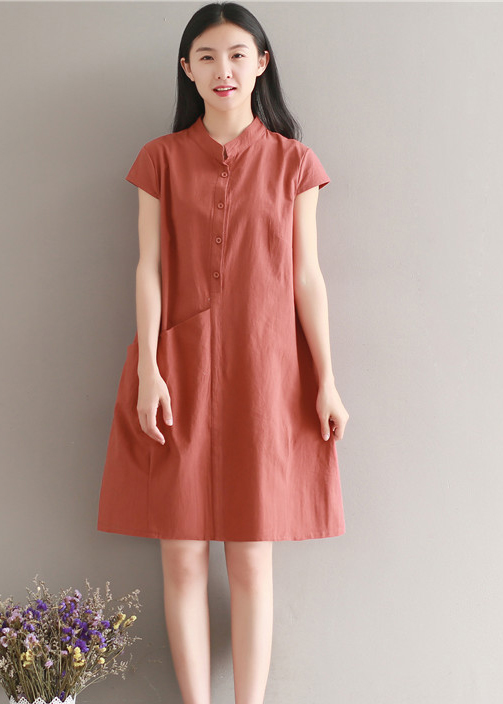 Đầm suông chất đũi cổ trụ phối túi bên hông, chất vải mềm mát thích hợp mùa hè, thời trang Hàn Quốc – Đỏ mận – XXL