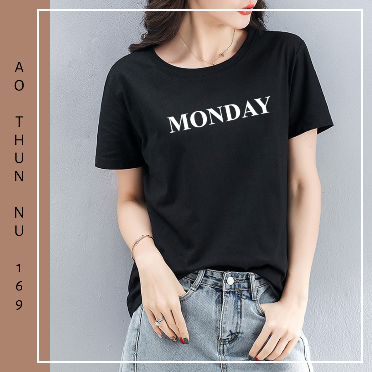 Áo Thun Nữ 35% Cotton Màu Đen In Chữ MONDAY Thứ 2