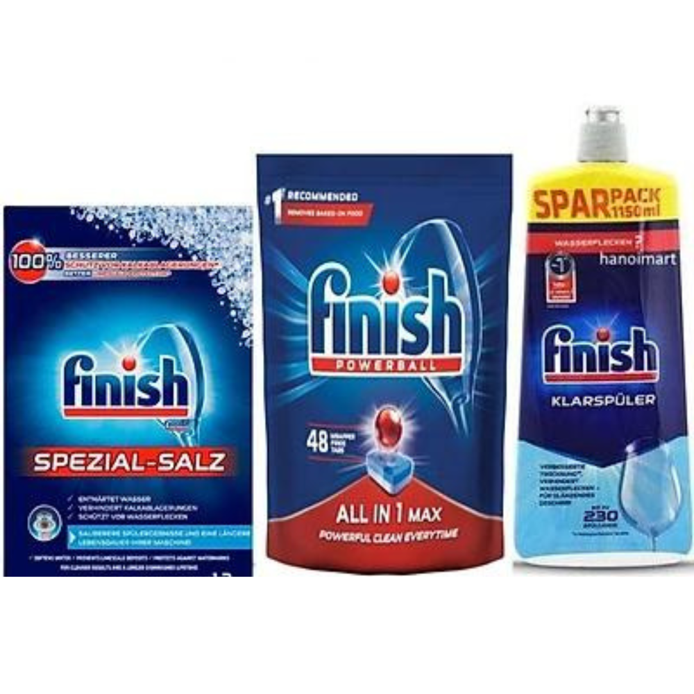 Combo Viên rửa bát Finish all in one 48 viên + Muối Finish 1.2kg + Nước làm bóng finish 1150ml