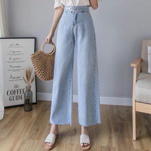Quần jean ống rộng lưng cao khoen cài, hình thật ảnh sàn