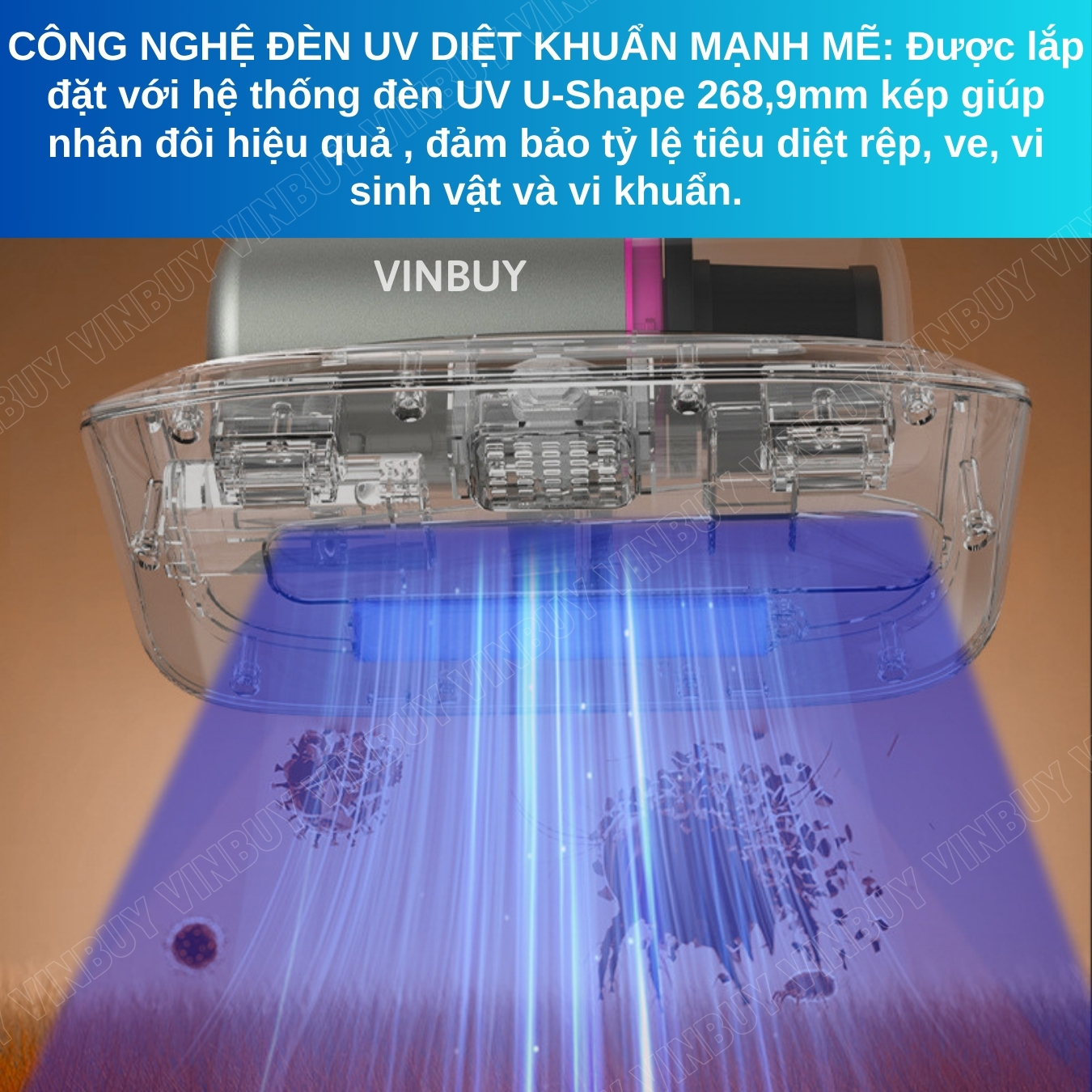 Máy hút bụi giường nệm diệt khuẩn UV, cầm tay pin sạc không dây lực hút mạnh 22000PA - Hàng chính hãng VINBUY